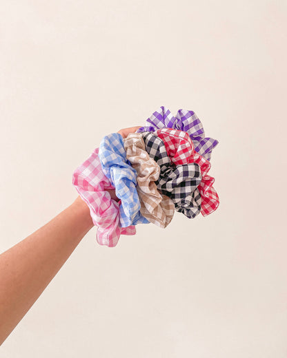 GINGHAM SCRUNCHY PASTEL handmade cotton gingham Scrunchy pastel red blue pink black white gingham made in the U.K. also available with mask