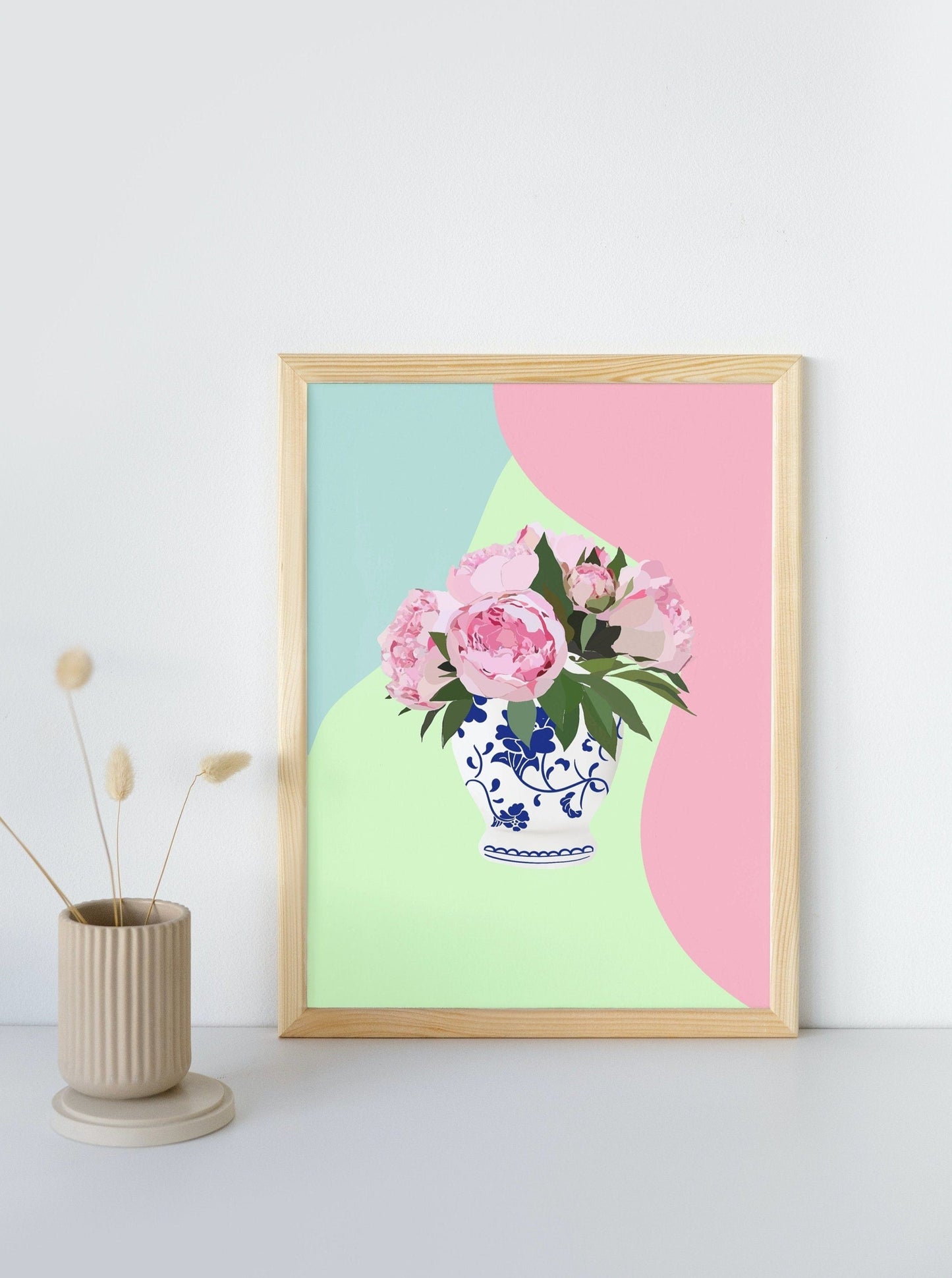 RETRO CHINOISERIE ART print, peony flower picture, pink green blue bedroom wall art, kitchen retro bright fun andy warhol print in the U.K