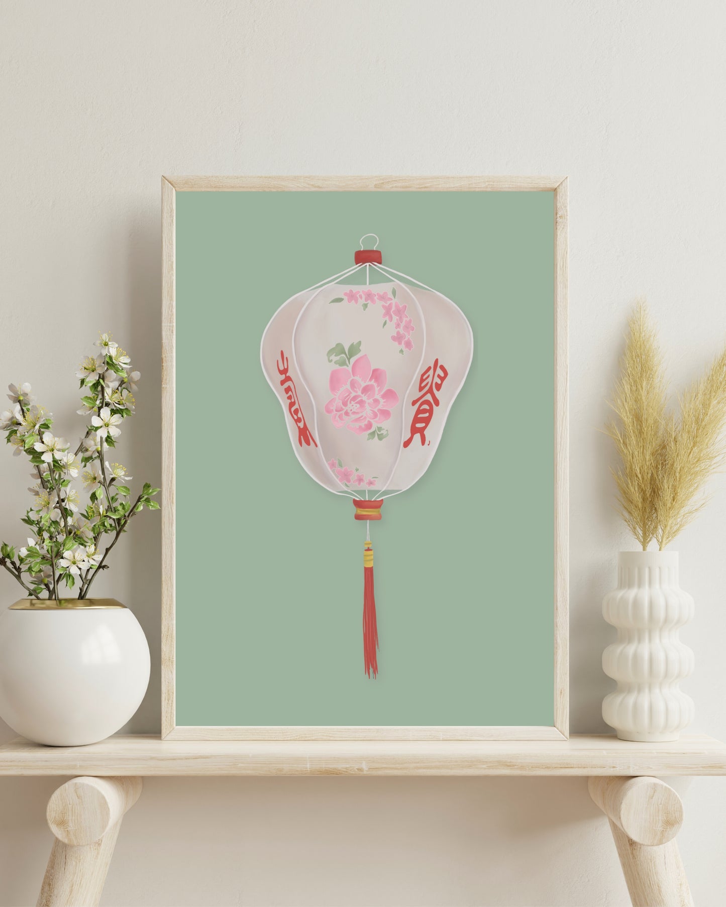 Chinese Floral Lantern Print Sage Green