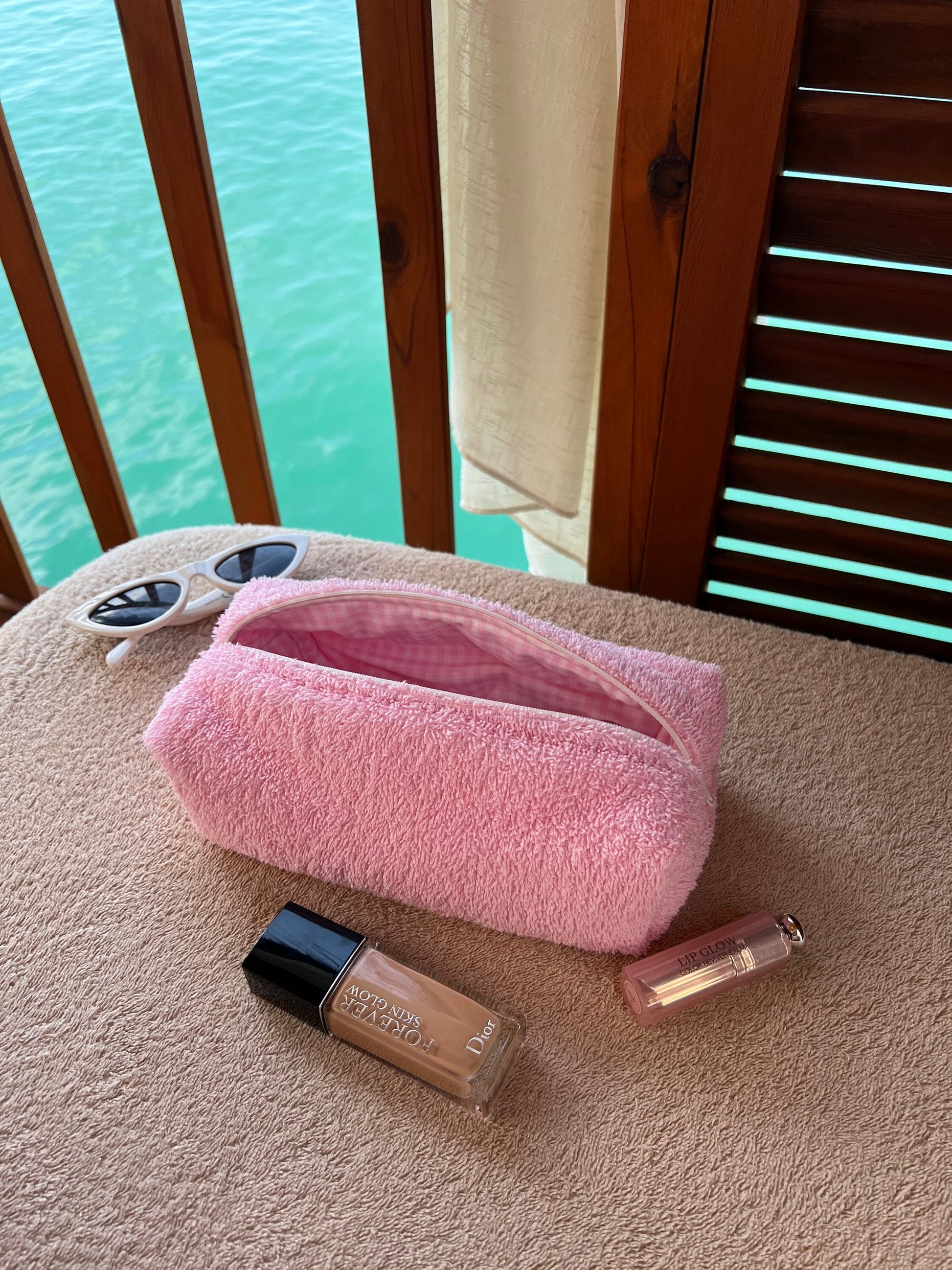 TOWELLING MAKEUP BAG medium pink towel fluffy cosmetic bag with pink gingham, cotton zip-up pouch, make-up bag handmade in U.K.