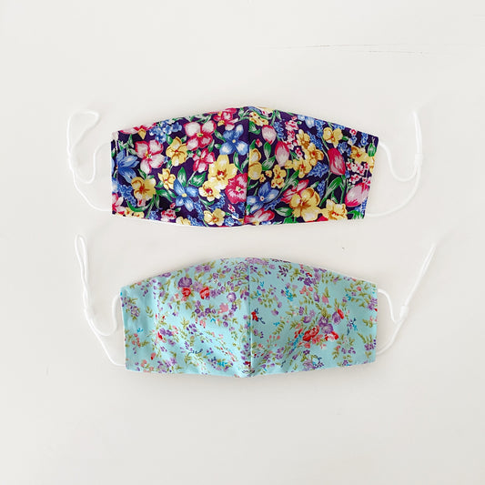 2 PACK BLUE FLORAL Reversible 2 in 1 Mask Adjustable Super Soft Elastic. Washable homemade face masks Double layer cotton made in U.K.