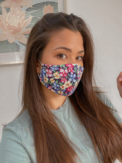 2 PACK BLUE FLORAL Reversible 2 in 1 Mask Adjustable Super Soft Elastic. Washable homemade face masks Double layer cotton made in U.K.