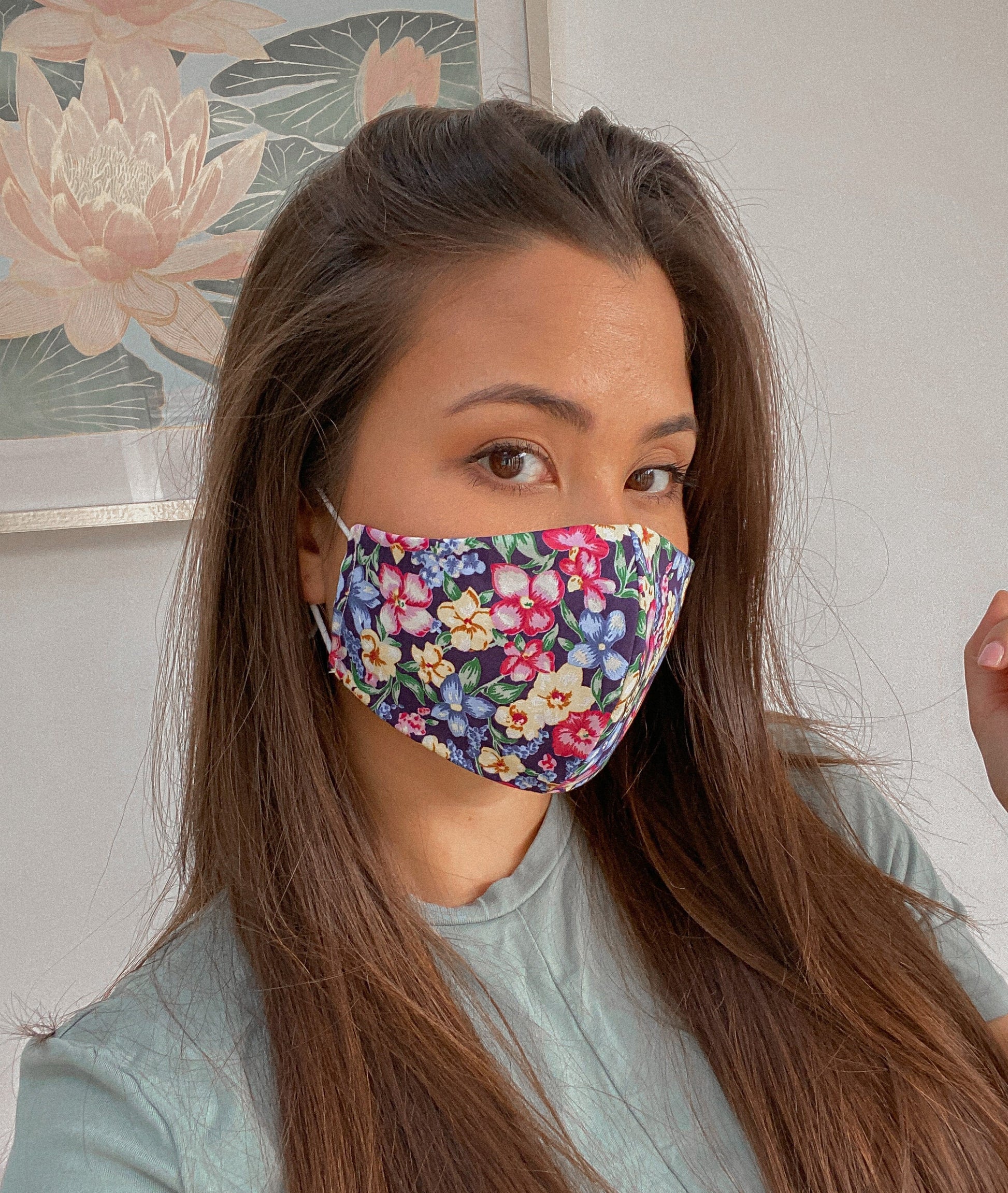 NAVY FLORAL REVERSIBLE 2 in 1 Mask Adjustable Super Soft Elastic. Washable Reusable homemade face masks Double layer cotton made in U.K.