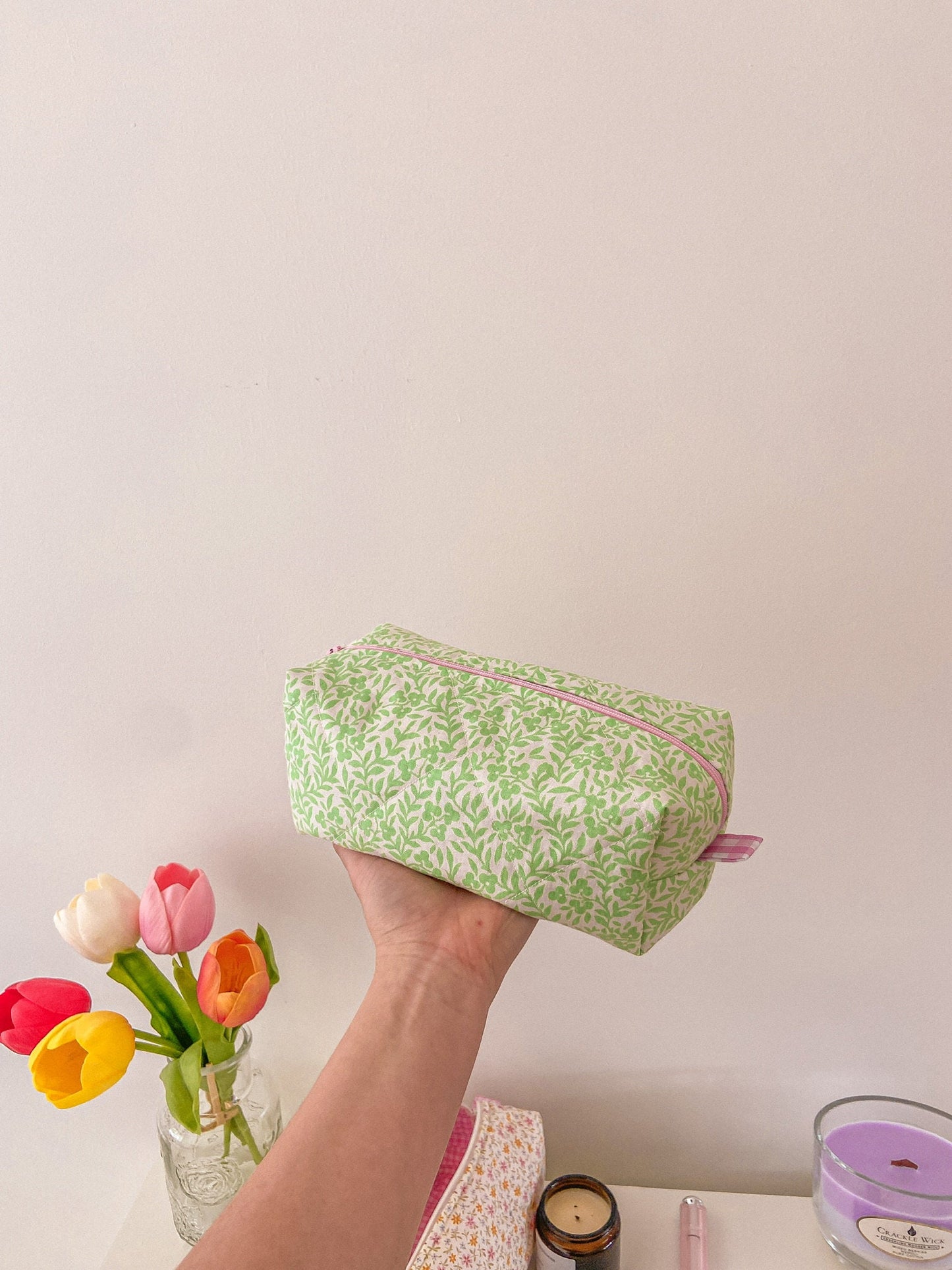 FLORAL MAKEUP BAG medium green floral quilted cosmetic bag lined with pink gingham, cotton zip-up pouch, make-up brush bag handmade in U.K.