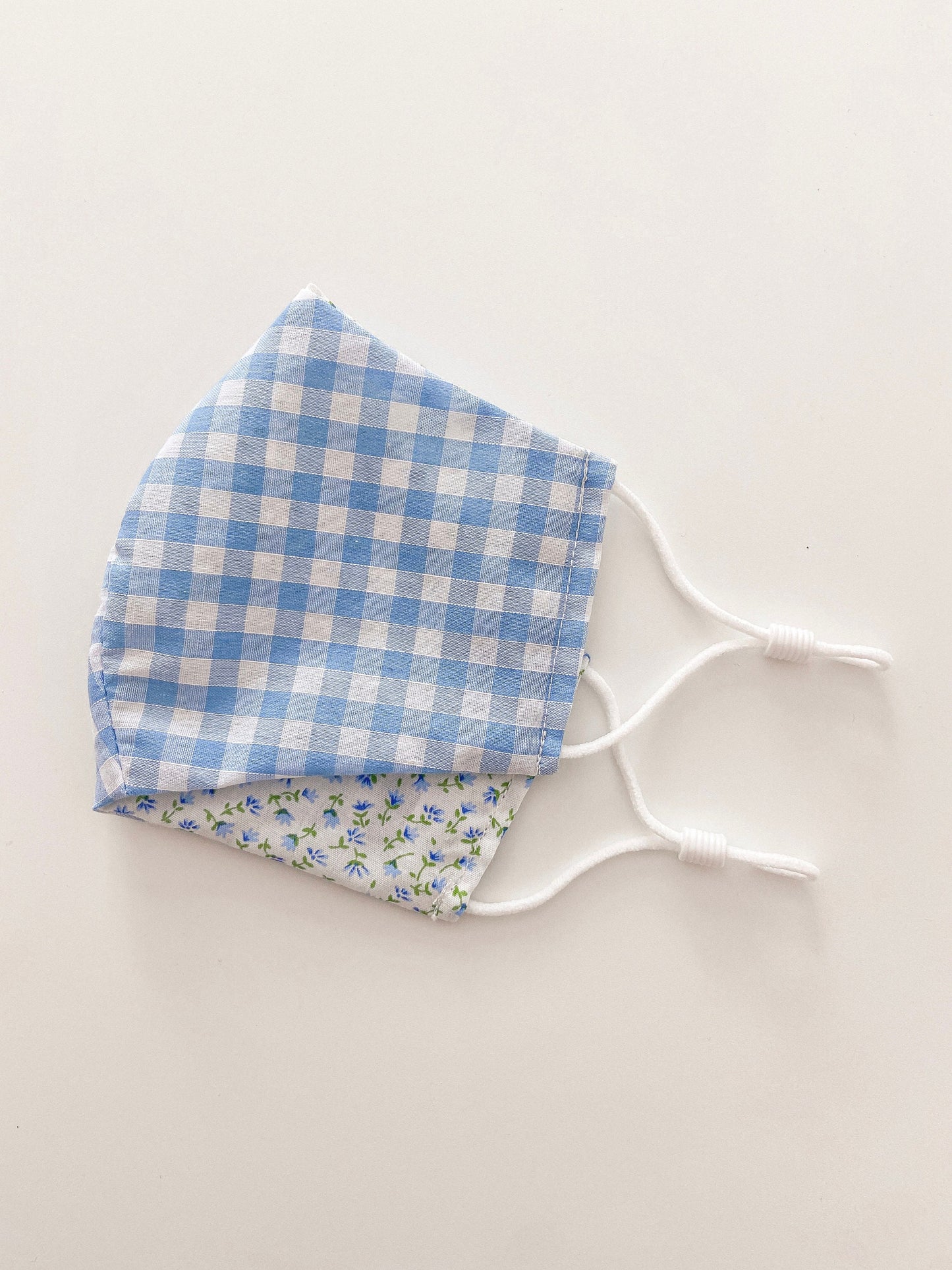 GINGHAM FLORAL REVERSIBLE 2 in 1 Mask Adjustable Super Soft Elastic. Washable Reusable homemade face mask and matching Scrunchy made in U.K.