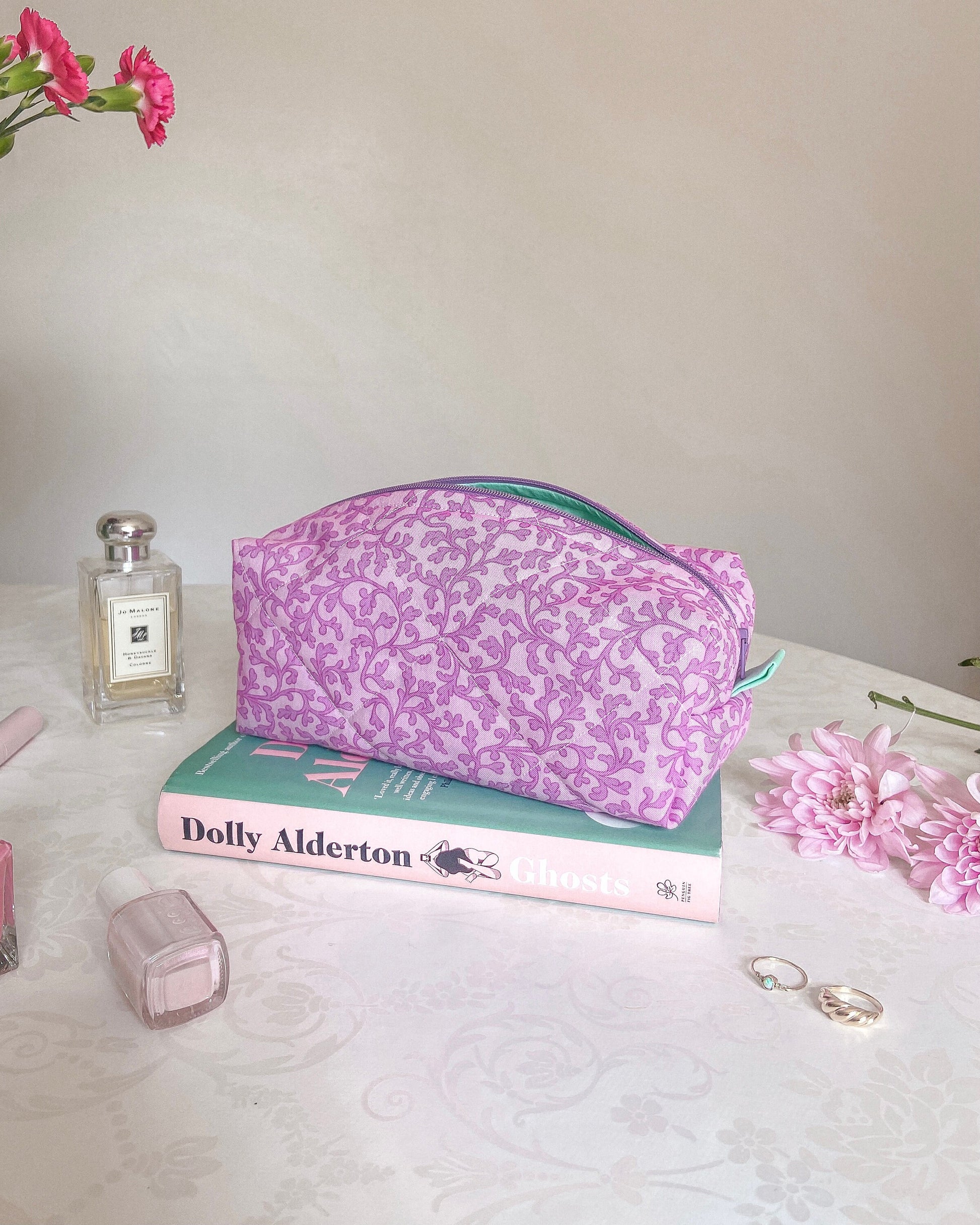 PINK MAKEUP BAG medium purple floral quilted cosmetic bag lined with mint green, cotton zip-up pouch, make-up brush bag handmade in U.K.