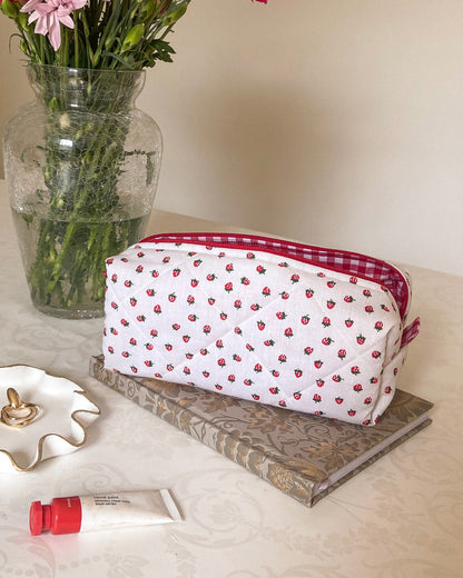 STRAWBERRY GINGHAM BAG medium ditsy quilted cosmetic makeup bag lined red gingham, cotton zip-up pouch, make-up brush bag handmade in U.K.