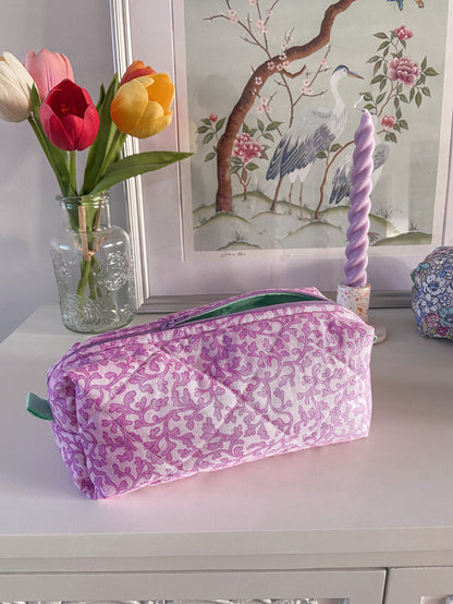 PINK MAKEUP BAG medium purple floral quilted cosmetic bag lined with mint green, cotton zip-up pouch, make-up brush bag handmade in U.K.