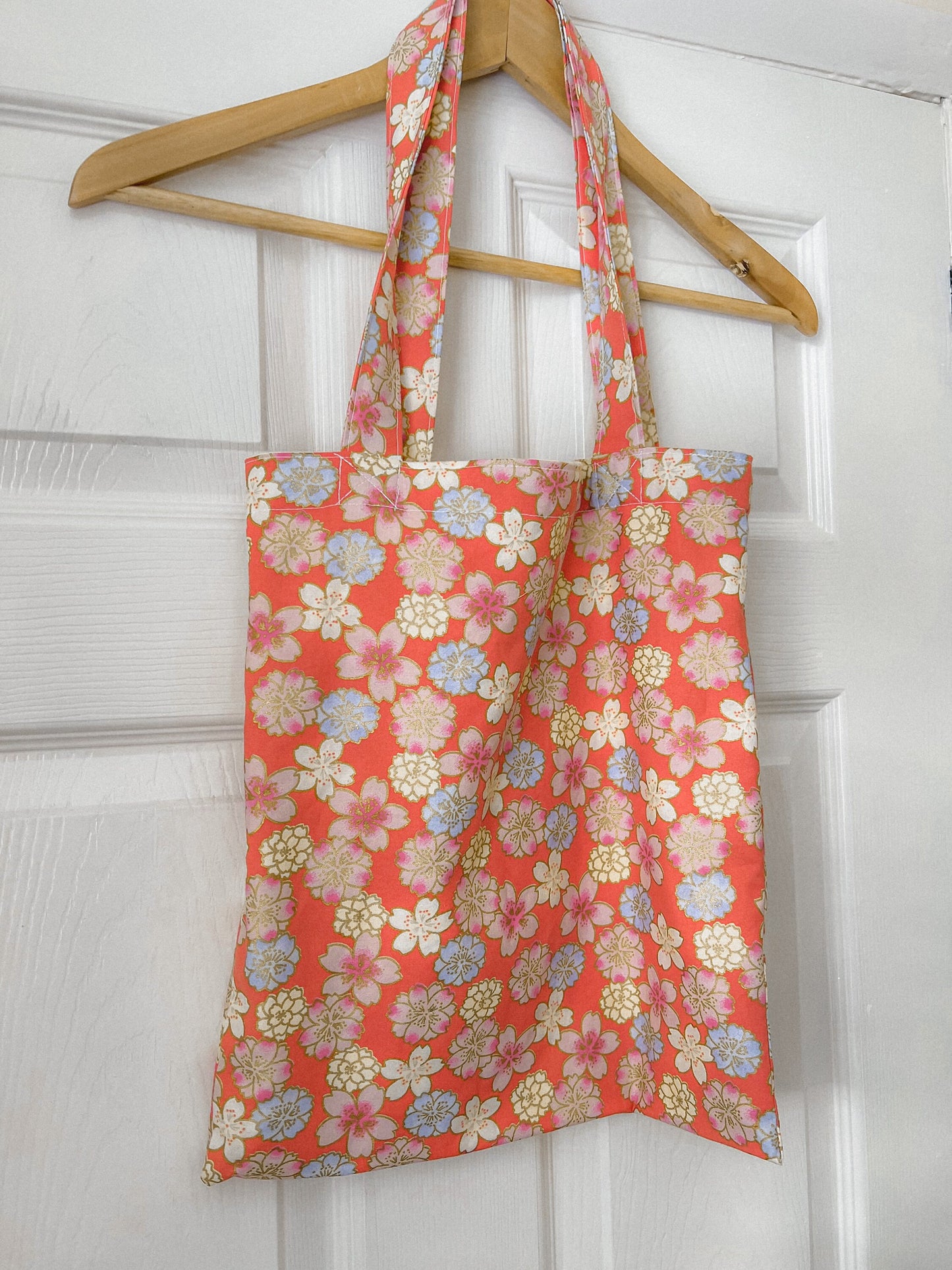 FLORAL TOTE BAG orange peach oriental floral tote bag, fully reversible floral cotton tote bag, ditsy floral canvas bag handmade in U.K.