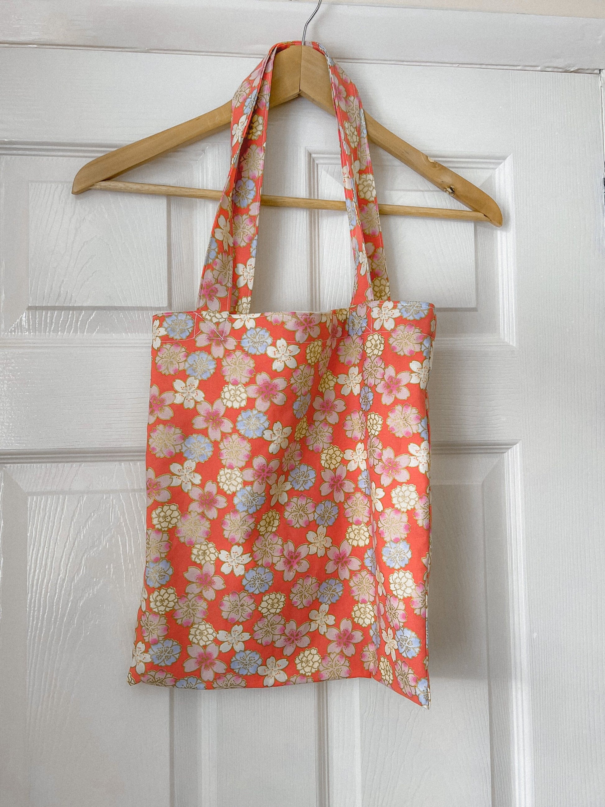 FLORAL TOTE BAG orange peach oriental floral tote bag, fully reversible floral cotton tote bag, ditsy floral canvas bag handmade in U.K.