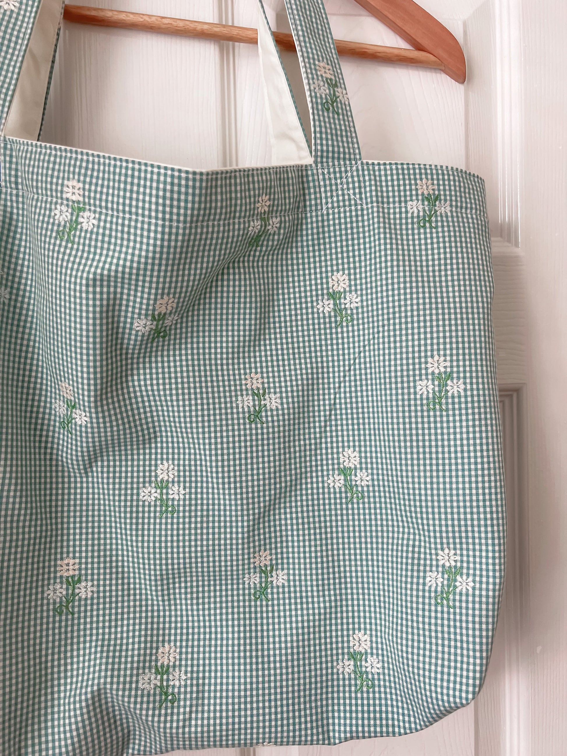 FLORAL TOTE BAG green embroidered floral tote bag, large reversible, mint floral gingham cotton tote bag, ditsy canvas bag handmade in U.K.