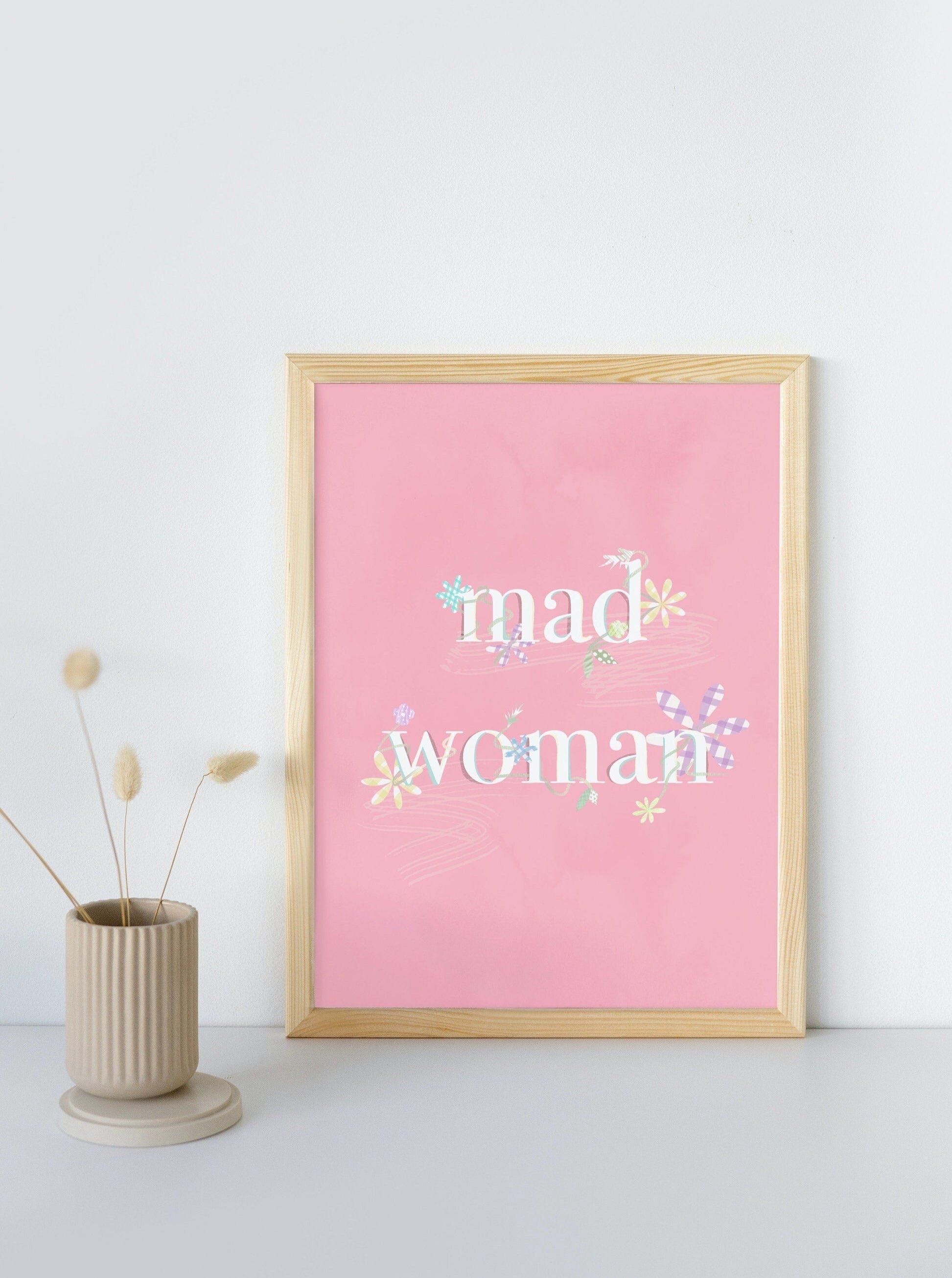 MAD WOMAN PRINT, vintage style taylor swift quote wall decor, cottage core style, gingham bedroom print in the U.K. minimal wall decor