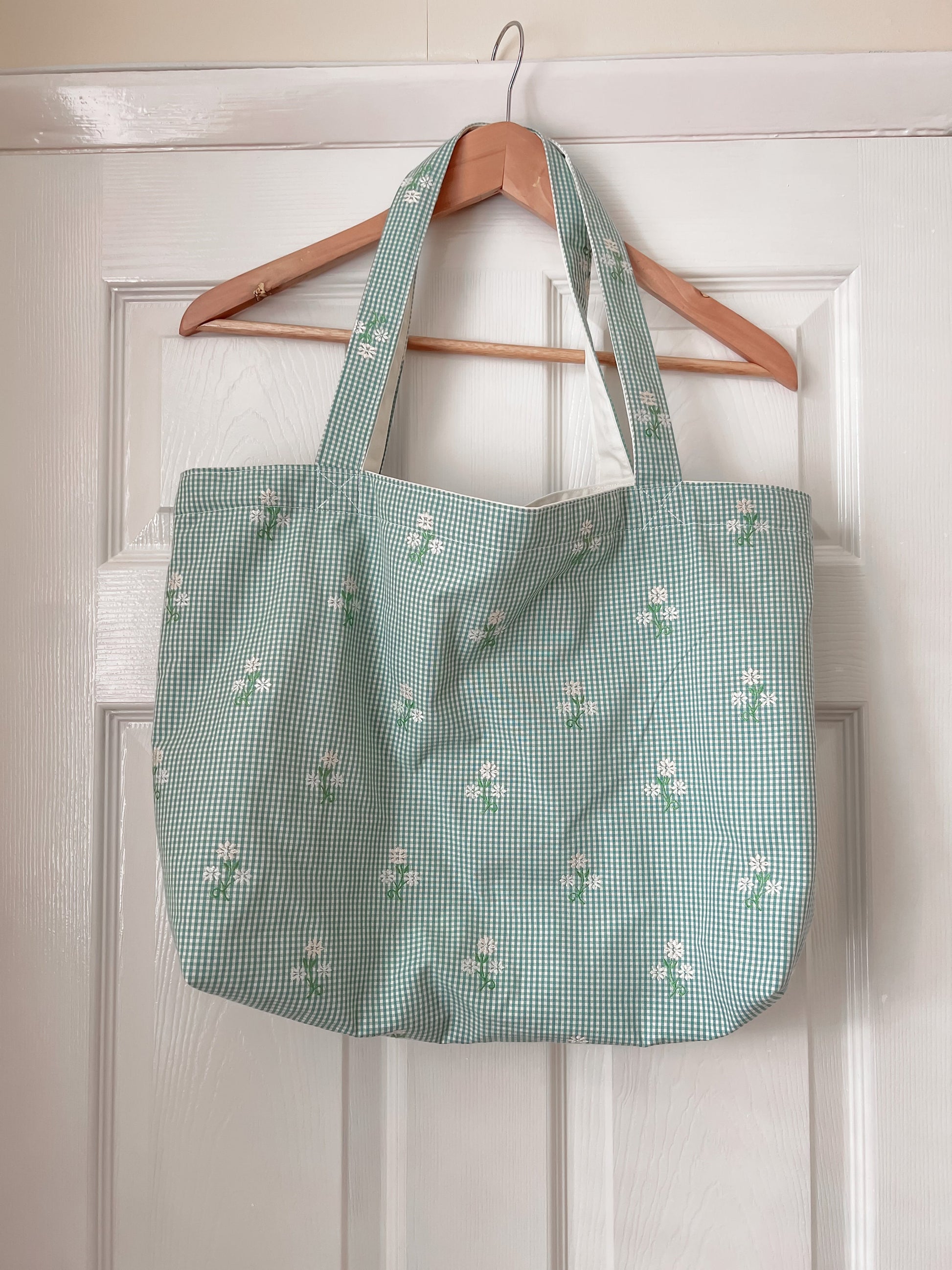 FLORAL TOTE BAG green embroidered floral tote bag, large reversible, mint floral gingham cotton tote bag, ditsy canvas bag handmade in U.K.