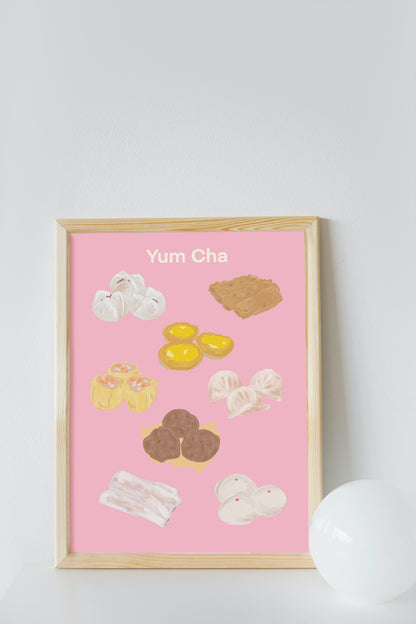 YUM CHA FOOD print, oriental retro food art, hand drawn dim sum wall decor, kitchen dumpling won ton print in the U.K. minimal wall decor