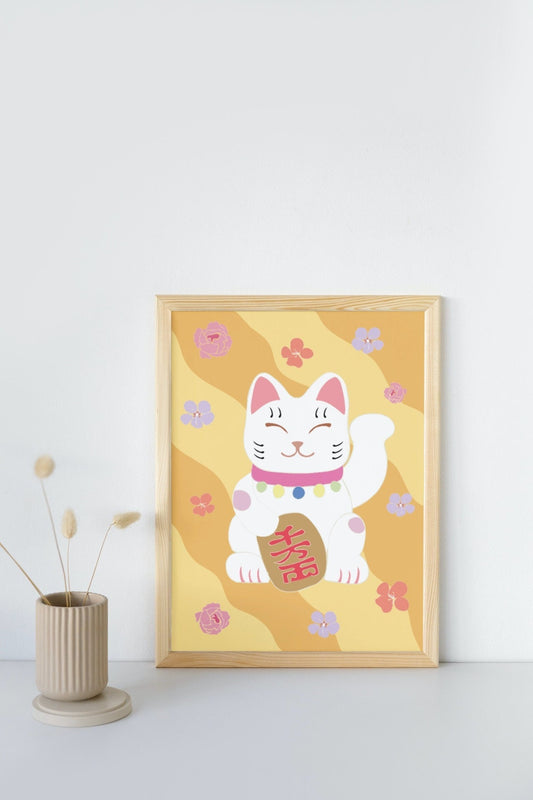 RETRO LUCKY CAT Oriental painting fortune feng shui, Chinese lucky cat graphic print, colourful bedroom wall print, floral chinese print U.K