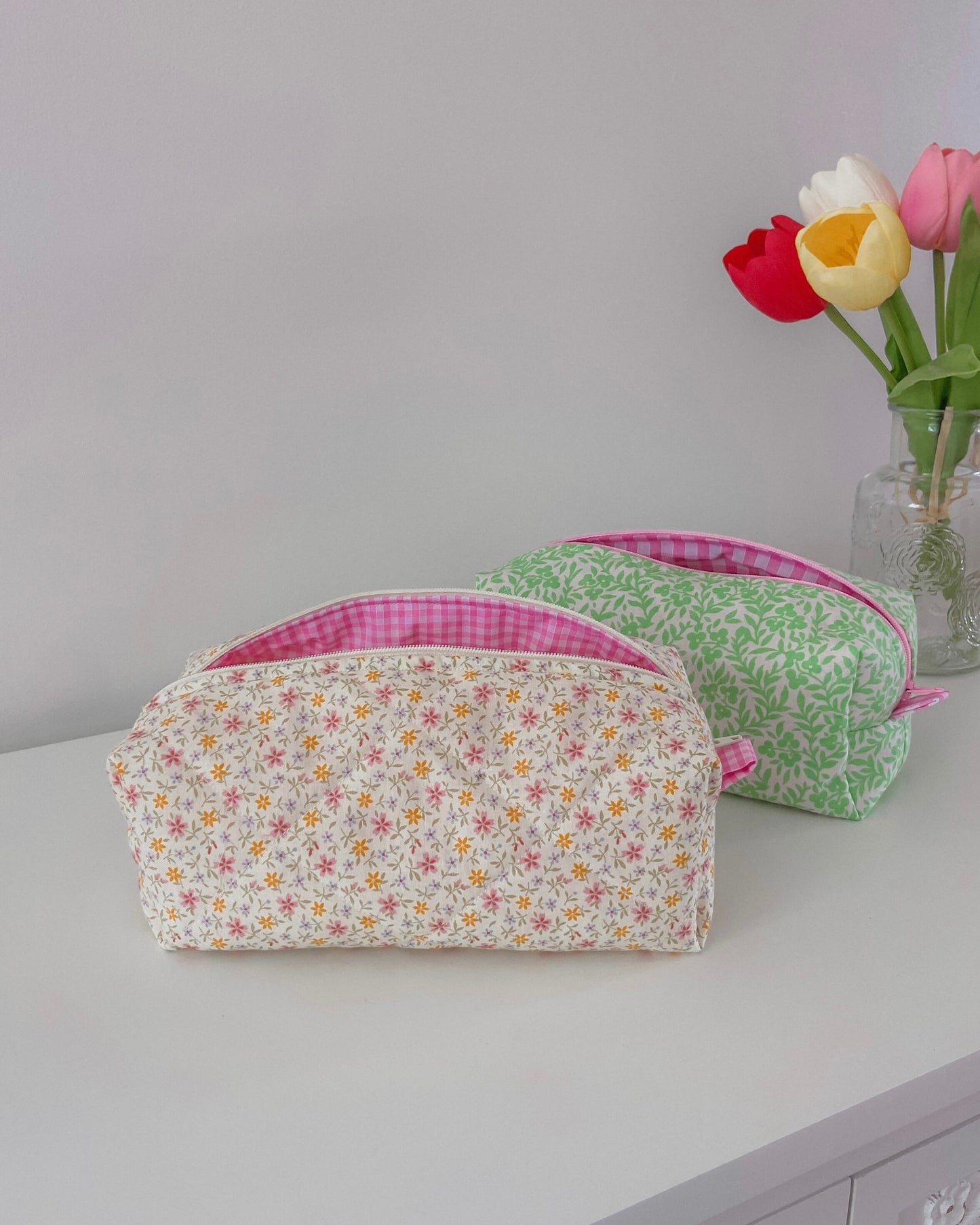 FLORAL MAKEUP BAG medium yellow ditsy floral quilted cosmetic bag pink gingham, cotton zip-up pouch, make-up bag handmade in U.K.