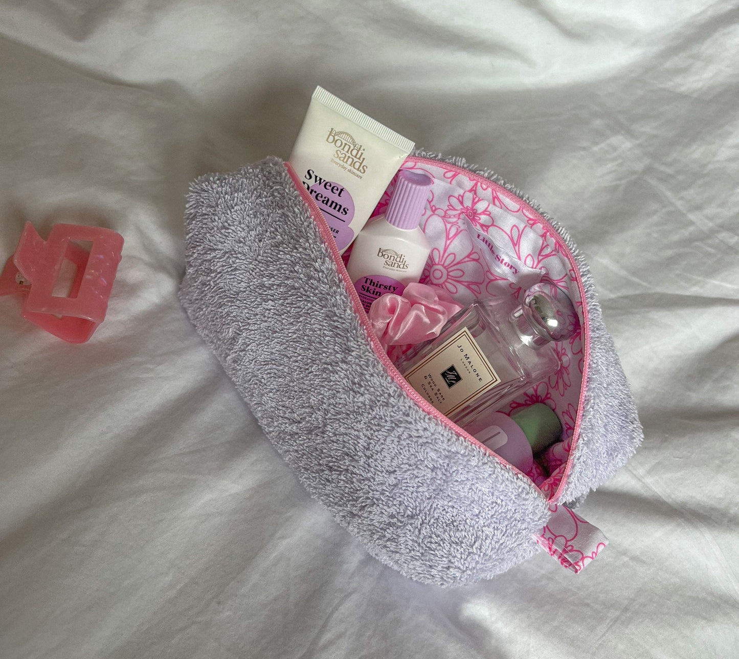 LILAC TOWELLING BAG medium towelling quilted cosmetic makeup bag with pink floral, cotton zip-up pouch, make-up brush bag handmade in U.K.
