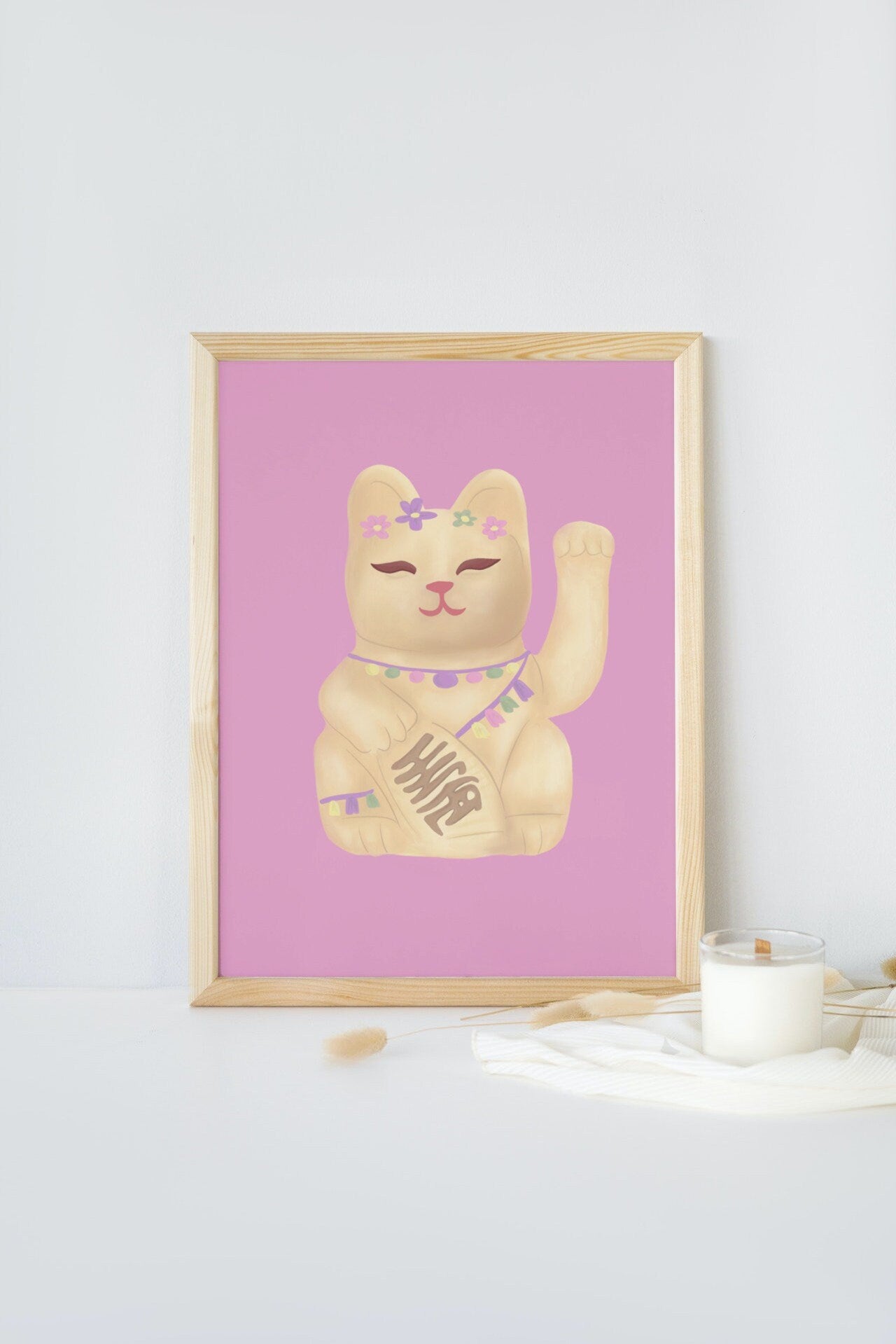 LUCKY CAT PRINT Oriental painting fortune feng shui, Chinese lucky cat graphic print, A4 100% recycled card in the U.K. pink wall art decor