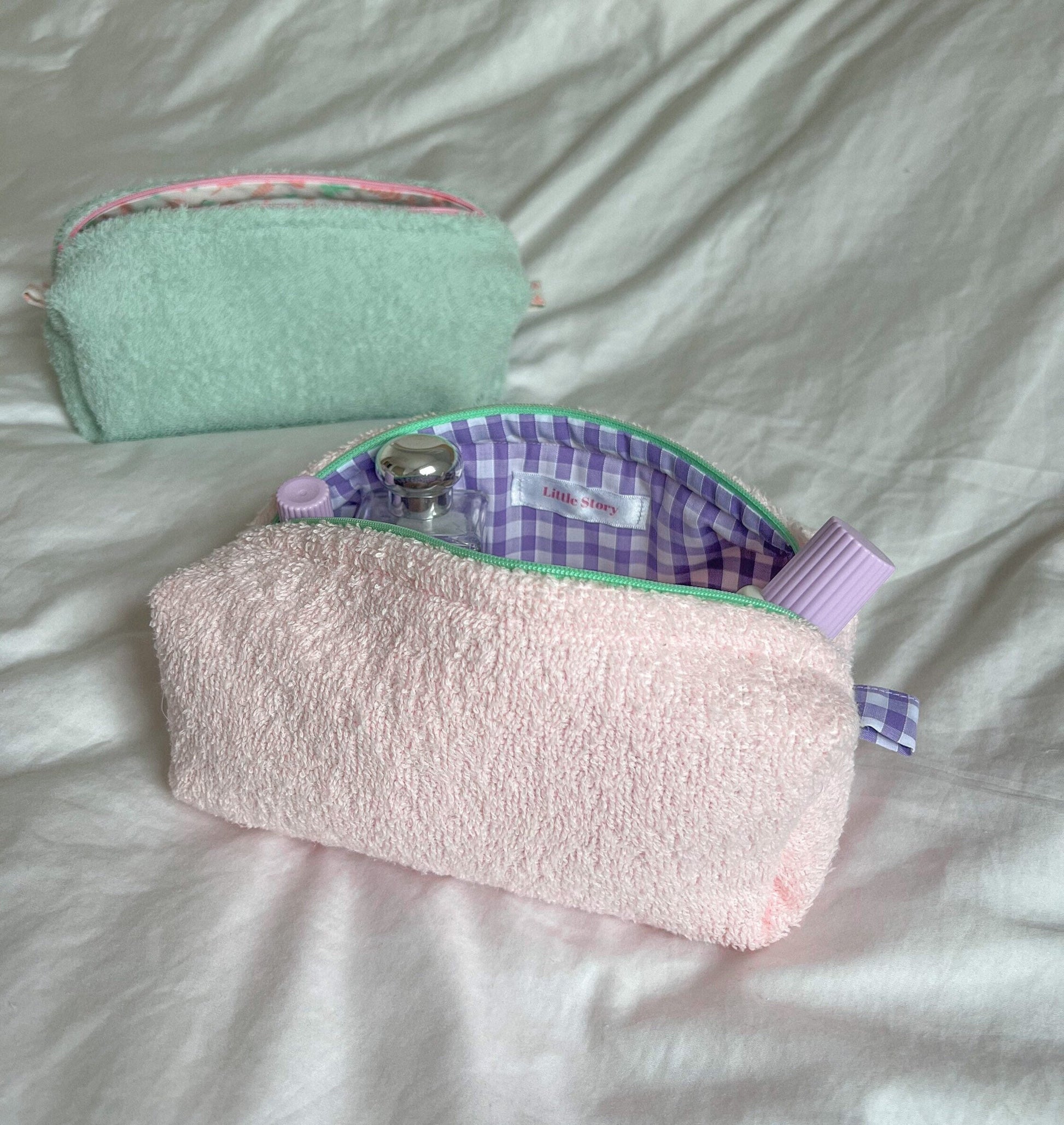PINK GINGHAM BAG medium towelling quilted cosmetic makeup bag with lilac gingham, cotton zip-up pouch, make-up brush bag handmade in U.K.